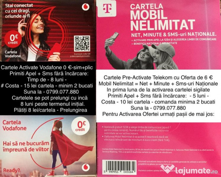 Cartela.Cartele sim Vodafone+Telekom_Primire Apel+Sms fara incarcare