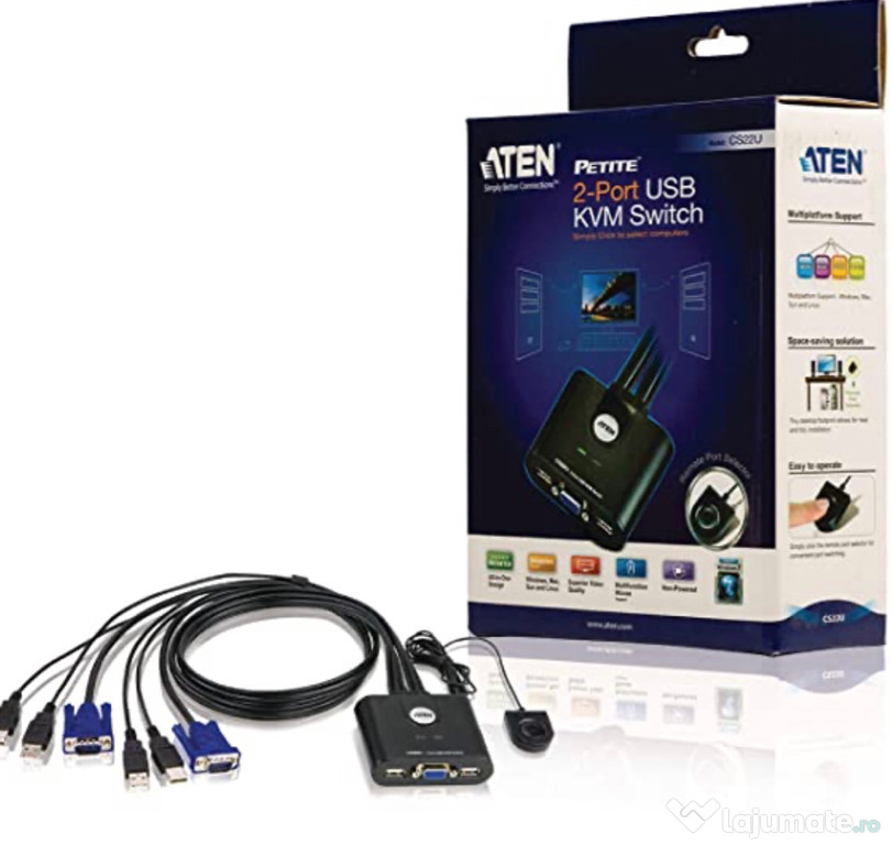 Switch KVM Aten CS22U, 2 porturi, USB, 0.9m