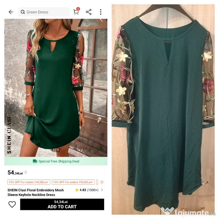 Rochie verde cu detalii florale pe mâneci