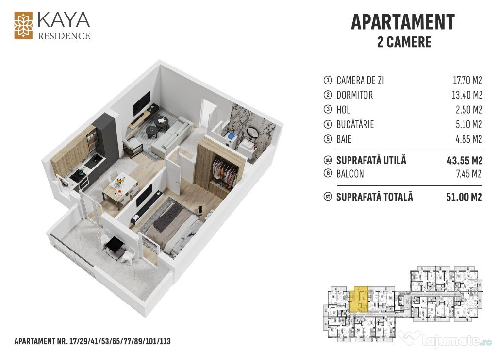 Apartament 2 camere 51mp, zona centrală Bistrița - KAYA Residence