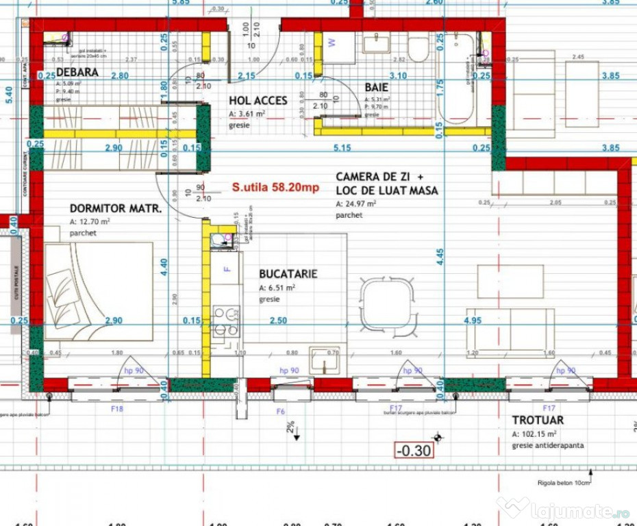 Apartament cu 2 camere, finisat, 58 mp utili, parter inalt,