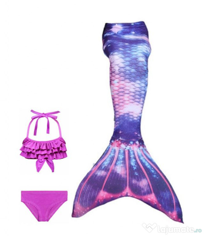 Set 3 piese Costum Sirena Printesa Ariel 5-6ani, Alb fildes/Mov, 120cm