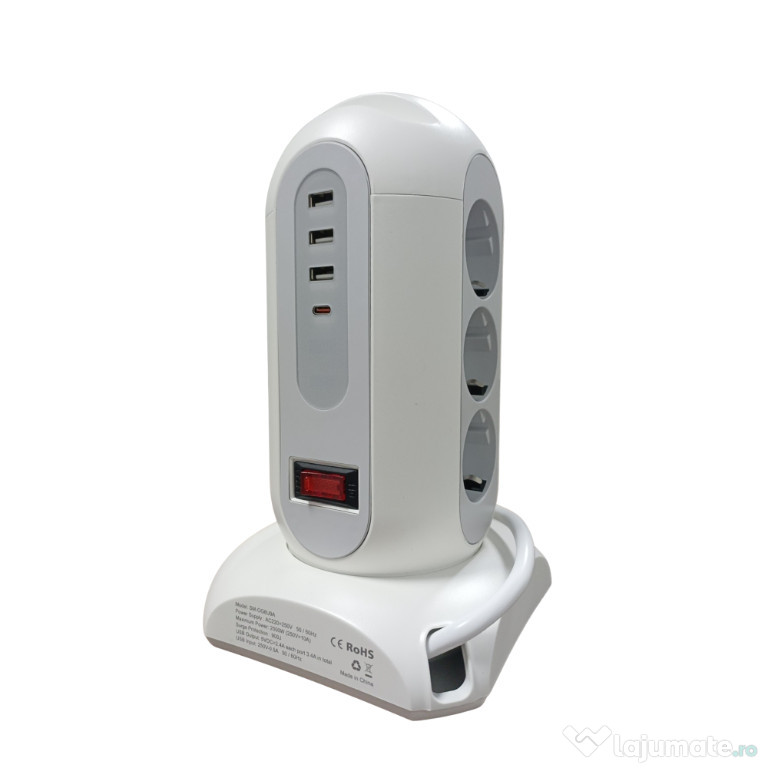 Prelungitor Vertical cu 4 USB, 1 Type-C Fast Charger si 9 Prize, Cablu