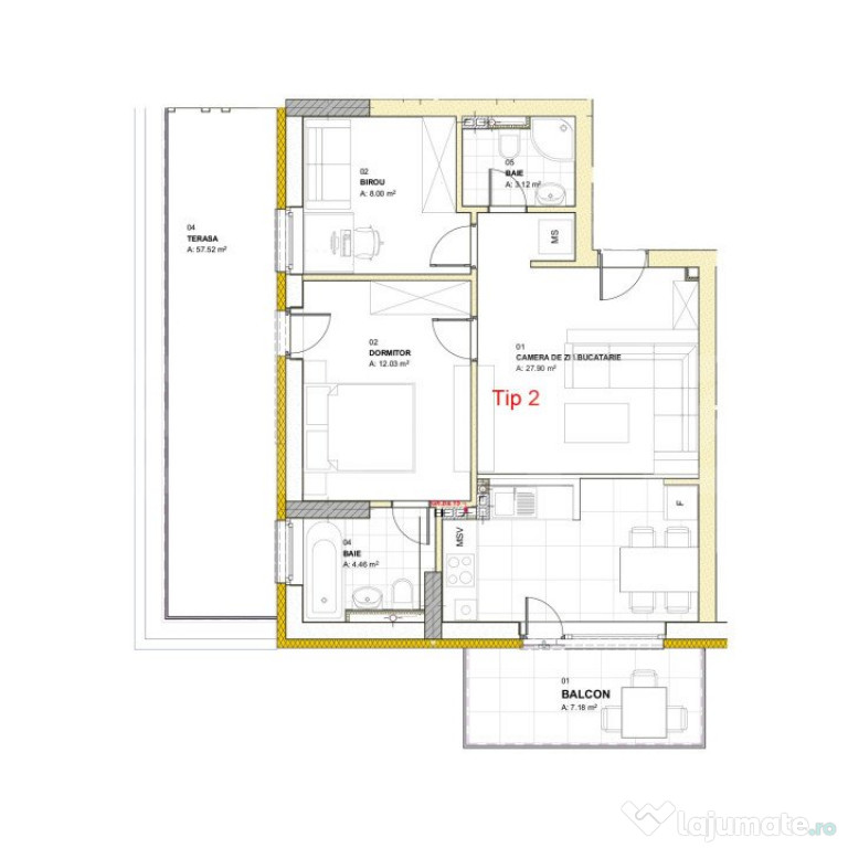 Apartament cu 3 camere, 55,51 mp, terasa 57,52 mp, balcon, z