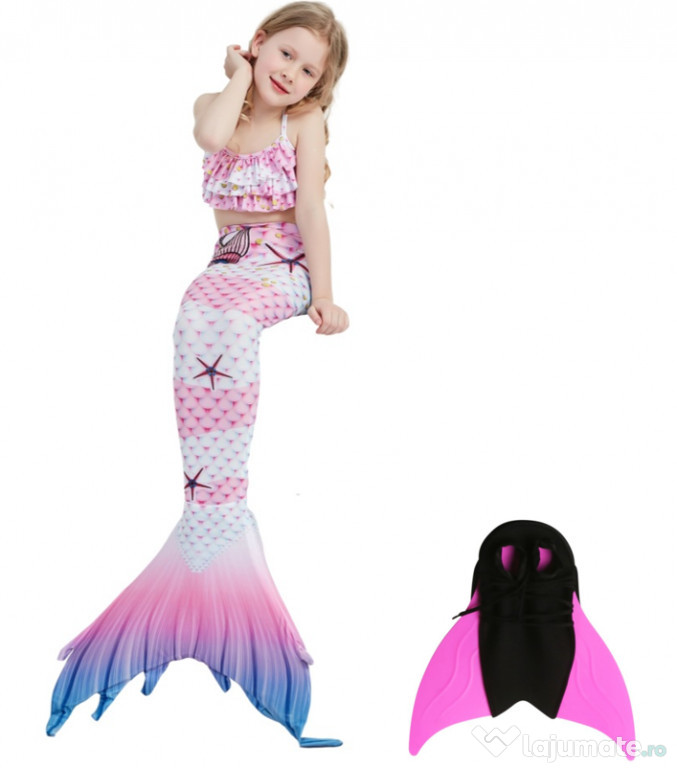 Set 4 piese Costum Sirena Ariel THK®, Scoici, Roz, 140 cm