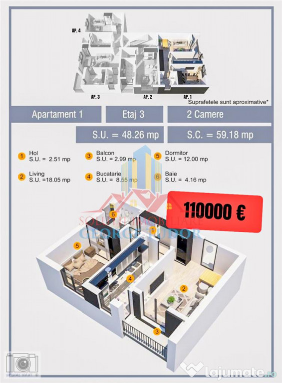 Ap. 2 camere, 48 mp, 0% COMISION, Str. Dezrobirii, Sector 6