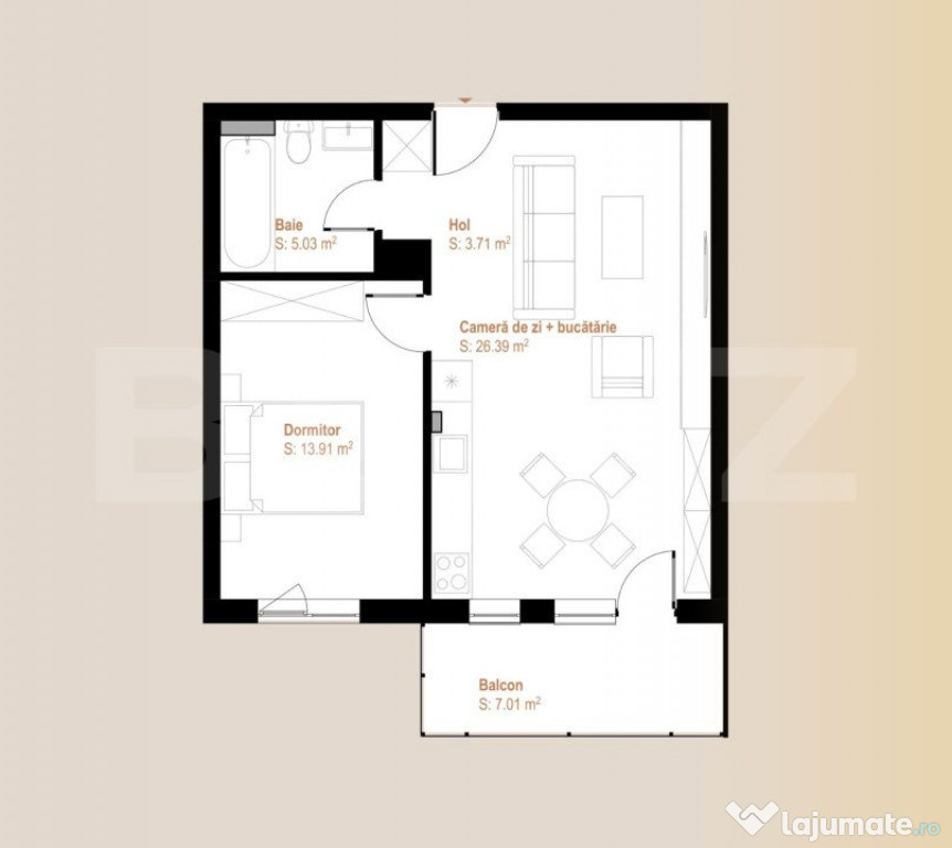 APARTAMENT 2 CAMERE 50 MP , ETAJ INTERMEDIAR, SUD-VESTICA, Z