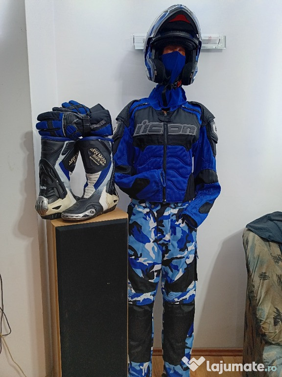 Costum moto textil combinație army blue