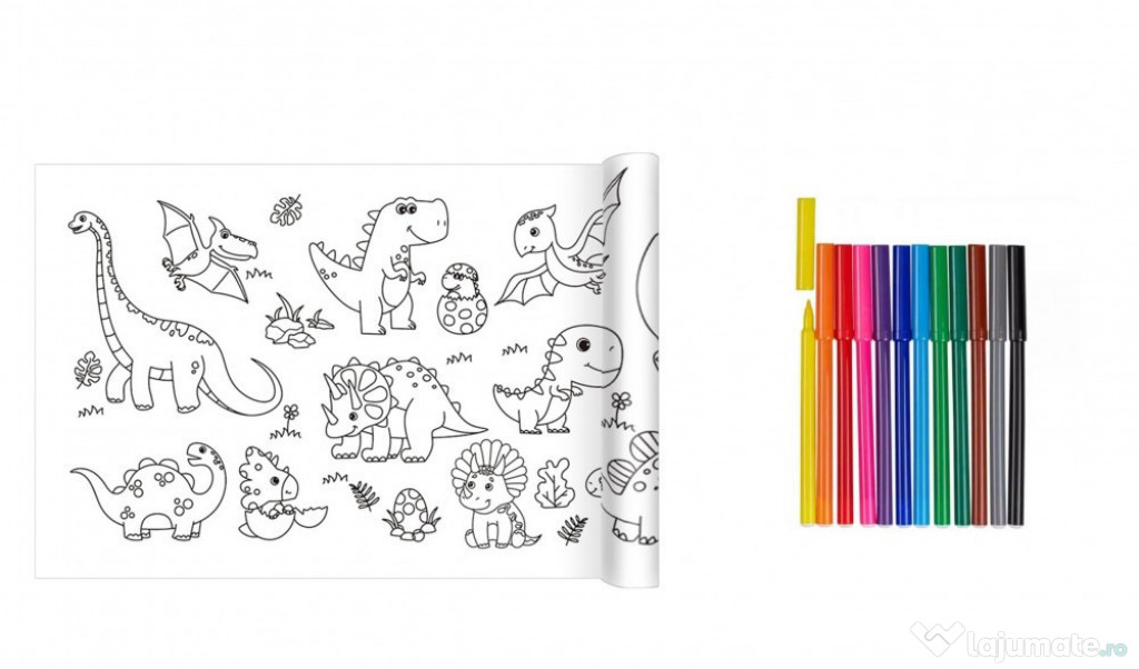 Rola de desen pentru copii cu dinozauri si 12 carioci Alyazhi, 30 x 30