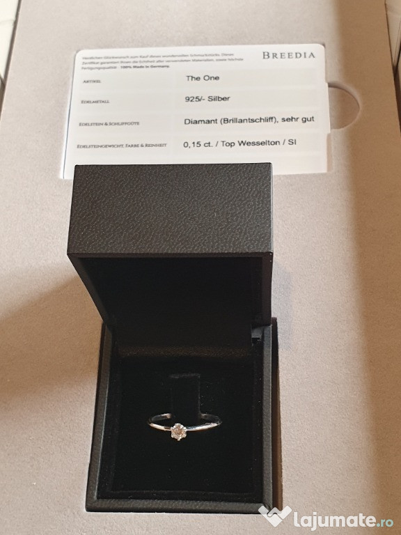 Inel logodna argint cu diamant natural 0,15ct Wesselton SI