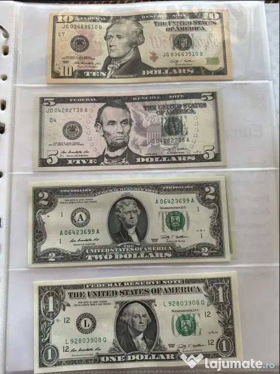 5 bancnote UNC colectie Dolari 1 , 2 , 2 , 5 , 10