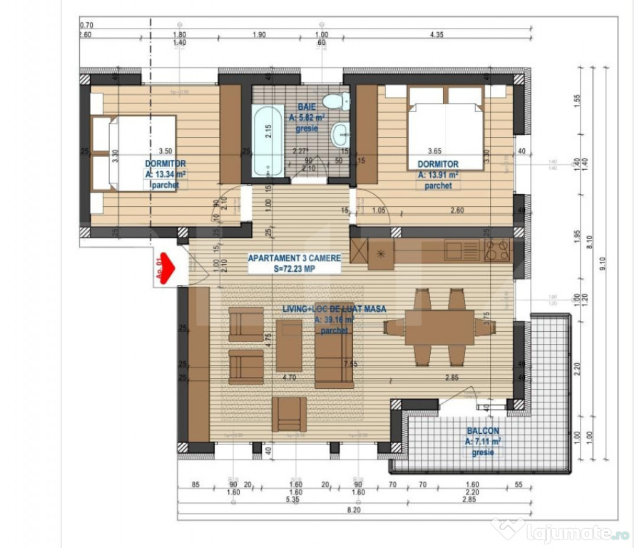 Apartament 3 camere, 72 mp utili, etaj 1, bloc nou