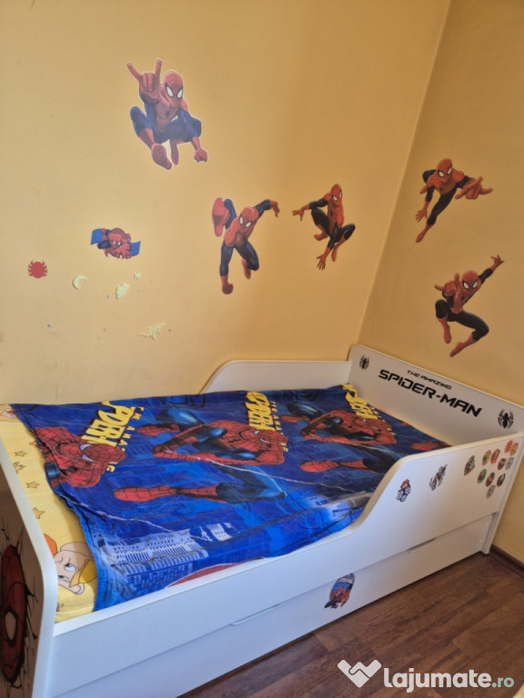 Pat Spiderman 2-12 ani, cu sertar si saltea inclusa, 160x80 cm
