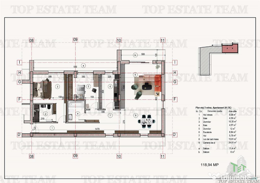 Apartament 3 camere 2 terase bloc nou metrou 1 Decembrie 191