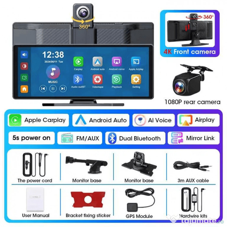 Navigație Auto 10.26" 4K Dash Cam + CarPlay/Android Auto Wireless NOU!