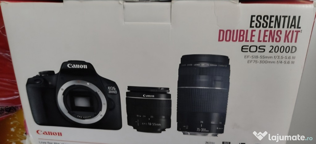 KIT Canon EOS 2000D cu două obiective EFS 18-55mm și 75-300mm, card SD