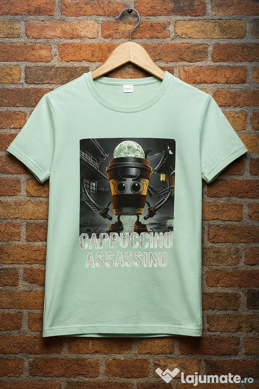 Tricou copii 6-7 ani „Cappuccino Assassino” – imprimeu haios, bumbac m