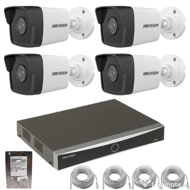 Sistem supraveghere ip Poe Hikvision 4 camere 4megapixeli IR 30m NVR