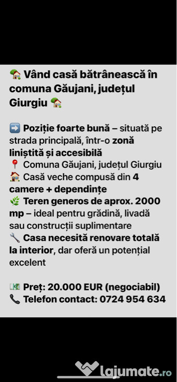 Casa bătrânească în com Gaujani 1800mp teren intravilan
