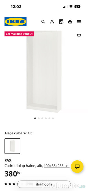 Ikea PAX Cadru dulap haine, alb, 100x35x236 cm