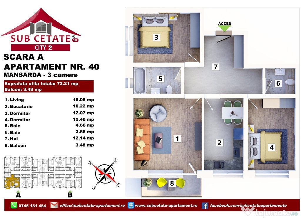 Apartament cu 3 camere decomandat 72 mp + balcon in transe