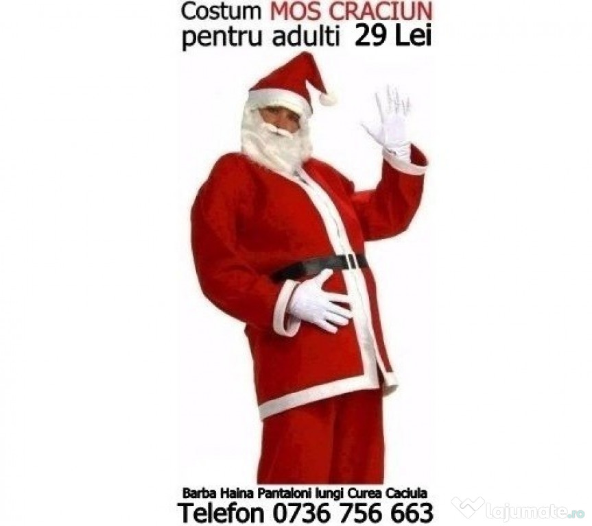 Costum Mos Craciun NOU pt adult,cu barba haina pantaloni curea caciula