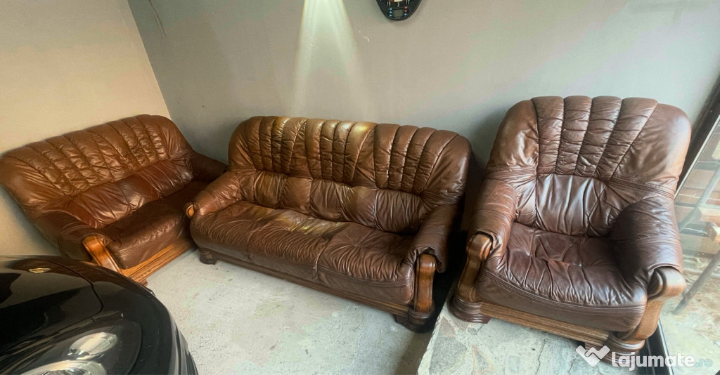 Set 3 canapele din piele și lemn masiv