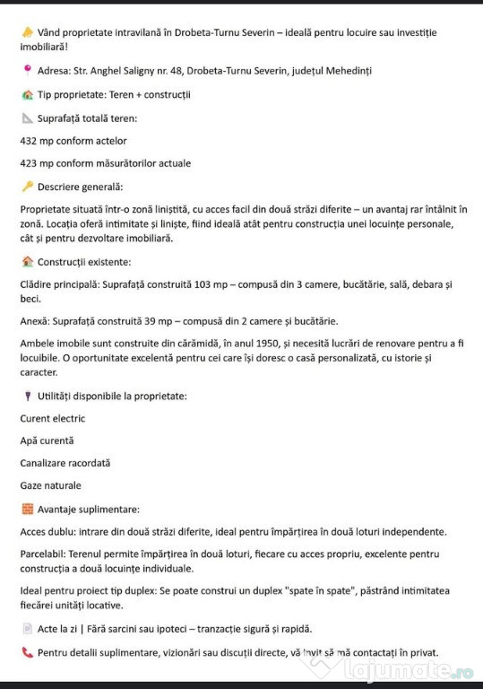 Vând proprietate intravilană în Drobeta-Turnu Severin – ideală pentru