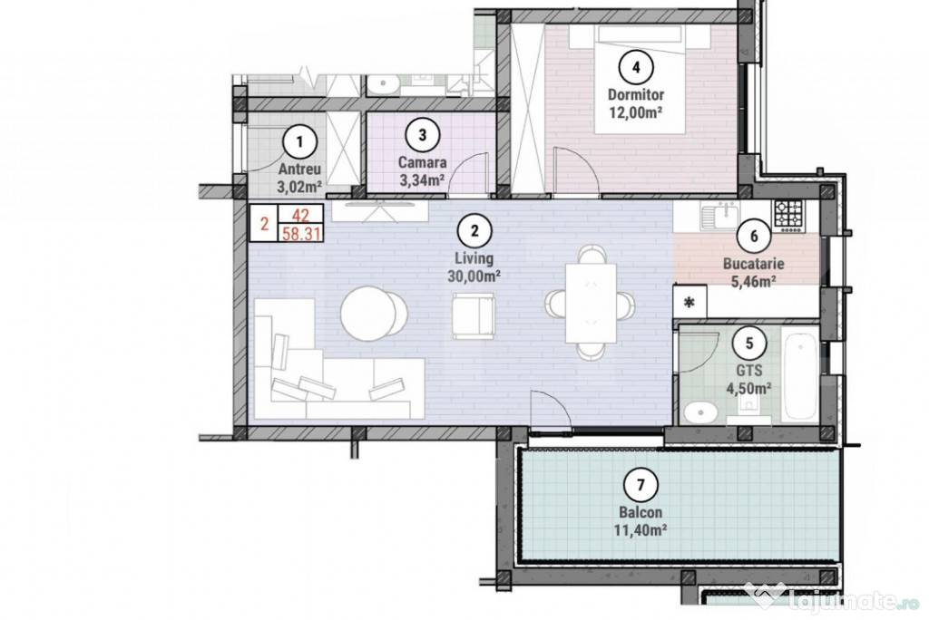 Apartament cu 2 camere 58 mp utili + balcon 11 mp, Moșnița