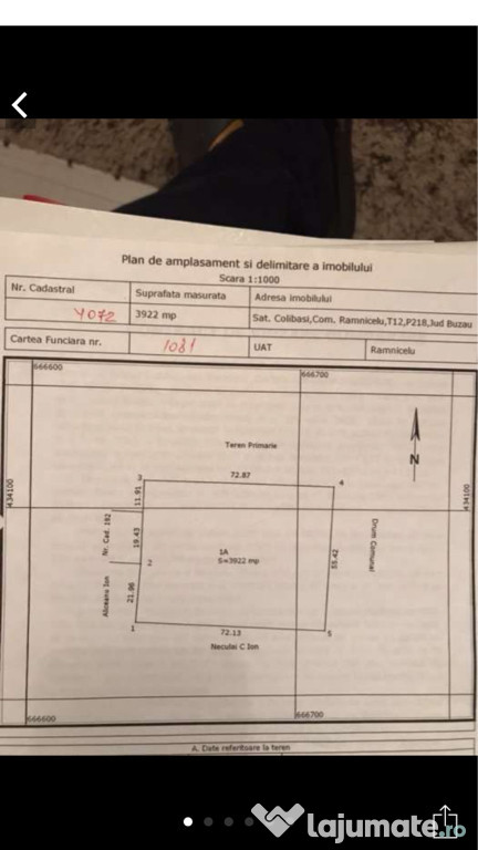 Teren 3922mp intravilan Rm sarat(Colibasi)