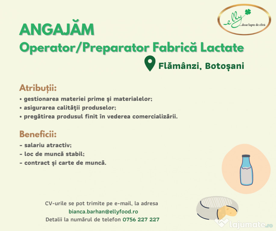 Operator/Preparator Fabrică Lactate Flămânzi, Botoșani
