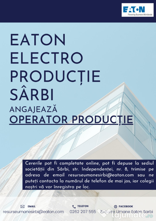 Eaton Electro Producție Sârbi angajează OPERATOR PRODUCȚIE