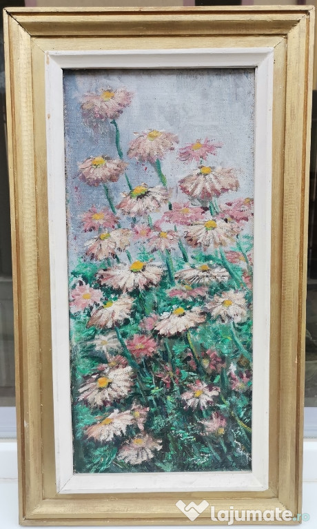 Tablou Natura statica Flori pictura ulei inramat 34x60cm