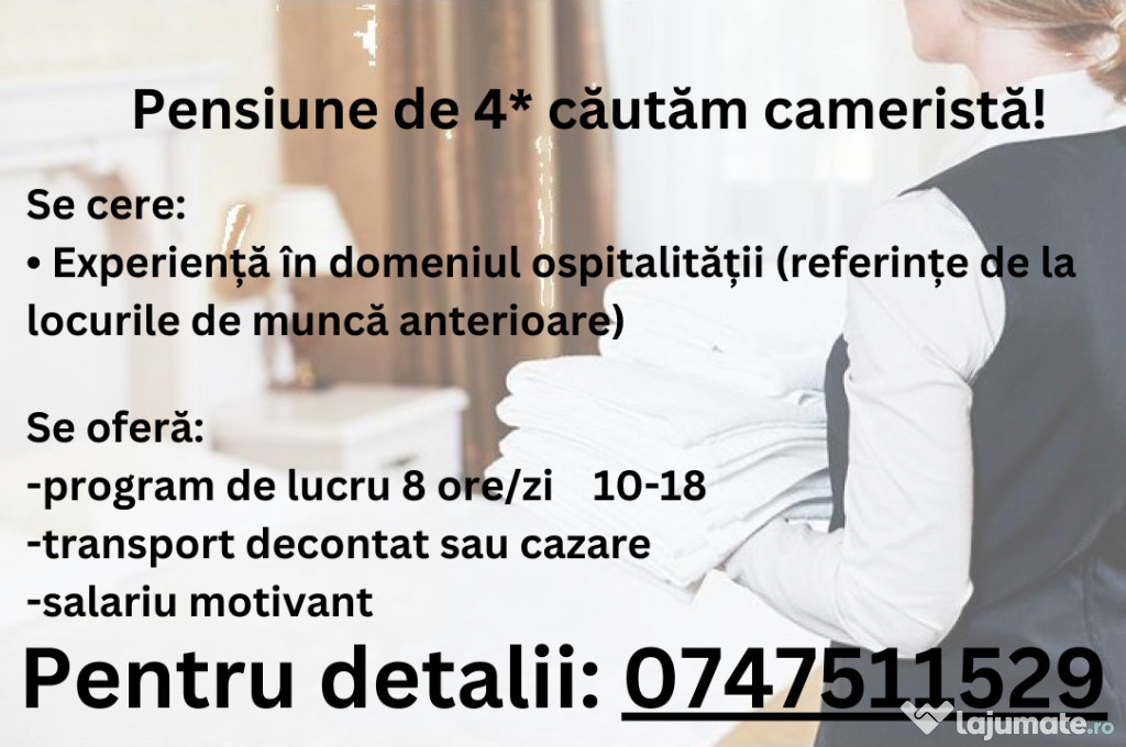 Pensiune de 4* din Predeal căutăm cameristă!