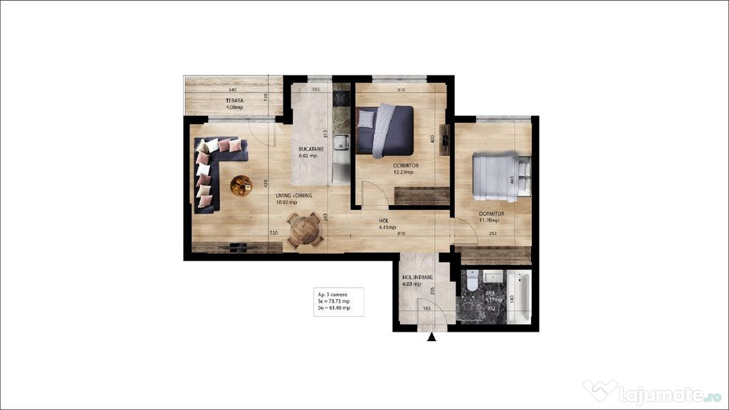 Apartament 3 camere Pantelimon 61,48 mp utili