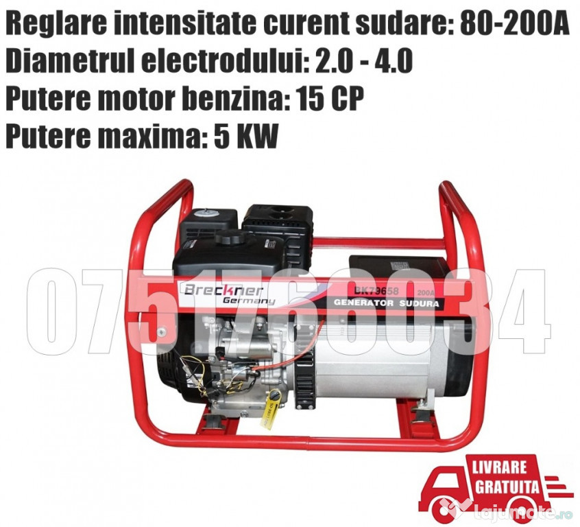 Generator Electric Sudura 200A Motor Benzina 15 CP Pornire Cheie + LIV