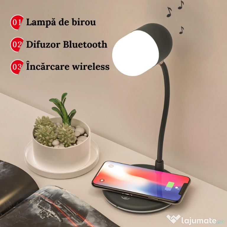 Lampă LED 3 în 1, 3 trepte, Încărcare Wireless 15W, Bluetooth 5.0