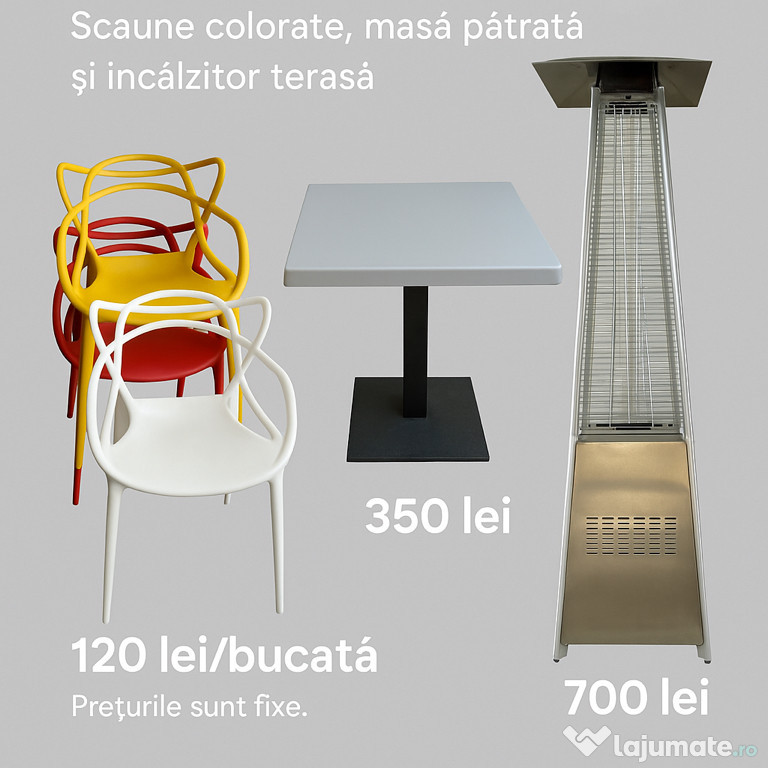 Scaune, masă și încălzitor pentru terasă – mobilier Horeca