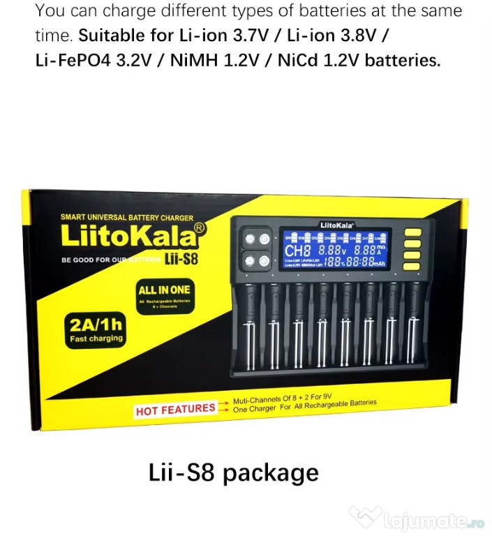 Lii-S8 8 sloturi, charger 12V/3A, adapter 12V Car Cable - LiitoKala