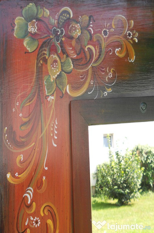 Oglinda Rosemaling- fond verde si nuante de maro