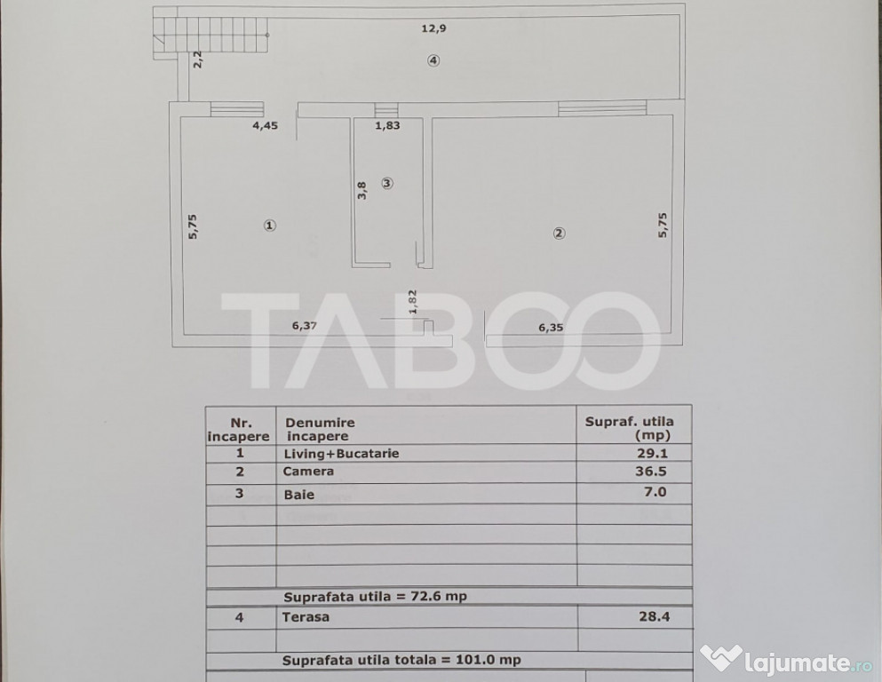 Apartament 2 camere decomandat 73 mp utili + terasa 28 mp no