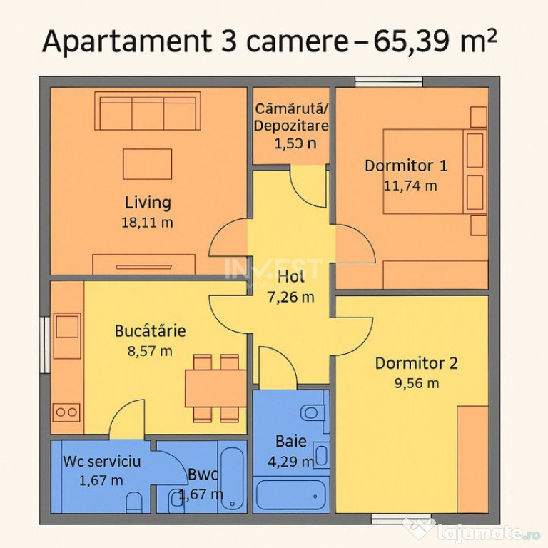Dacia- Apartament cu 3 camere,2 bai- 80.000 euro