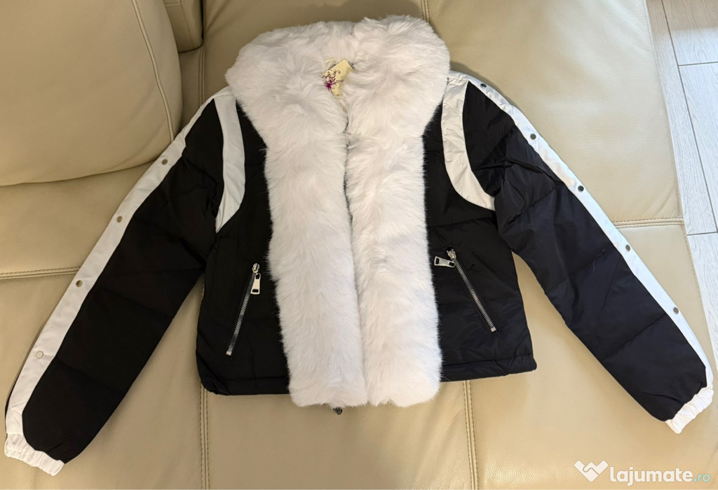 Geacă fashion damă negru-alb cu blană artificială