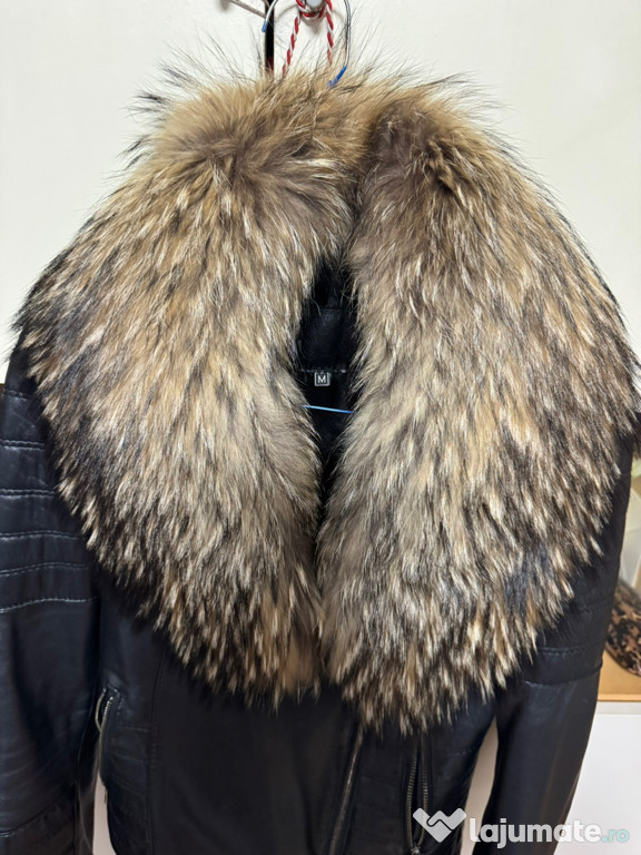 Geaca de piele cu guler de blana