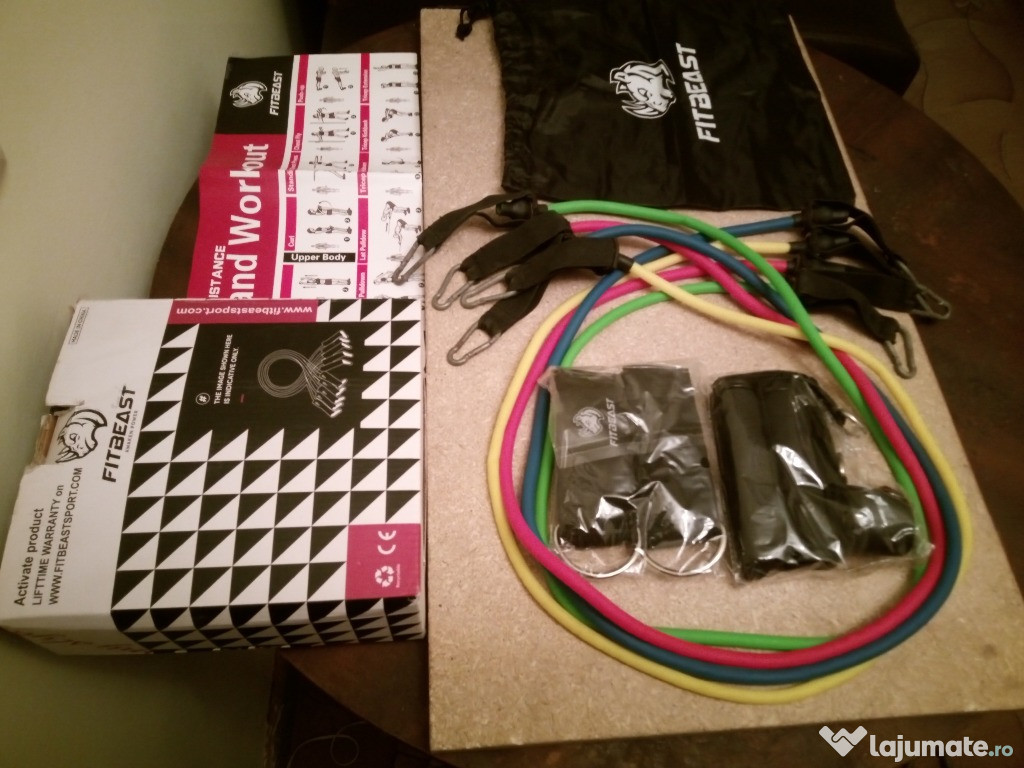 Set Fitness FitBeast - 4 Benzi Elastice cu carabiniere + accesorii