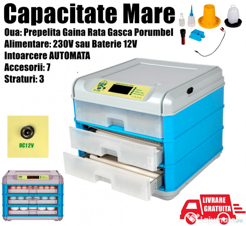 Incubator Clocitoare 192 Oua Gaina, Rata Gasca Curca Porumbel Prepelit