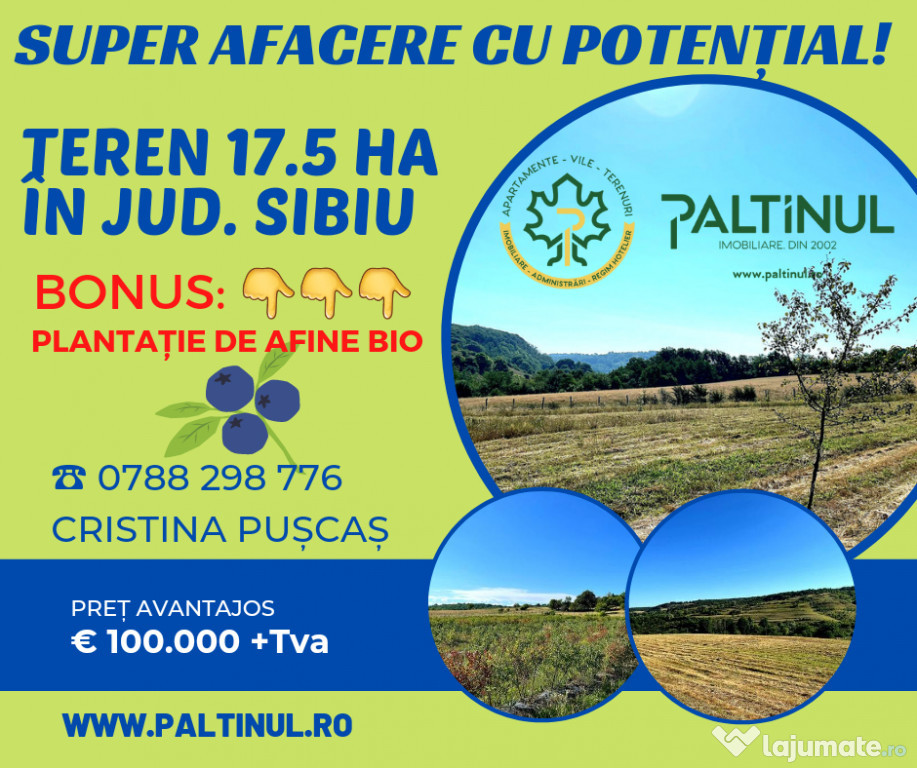 Super afacere cu potențial: teren 17.5 ha în jud Sibiu