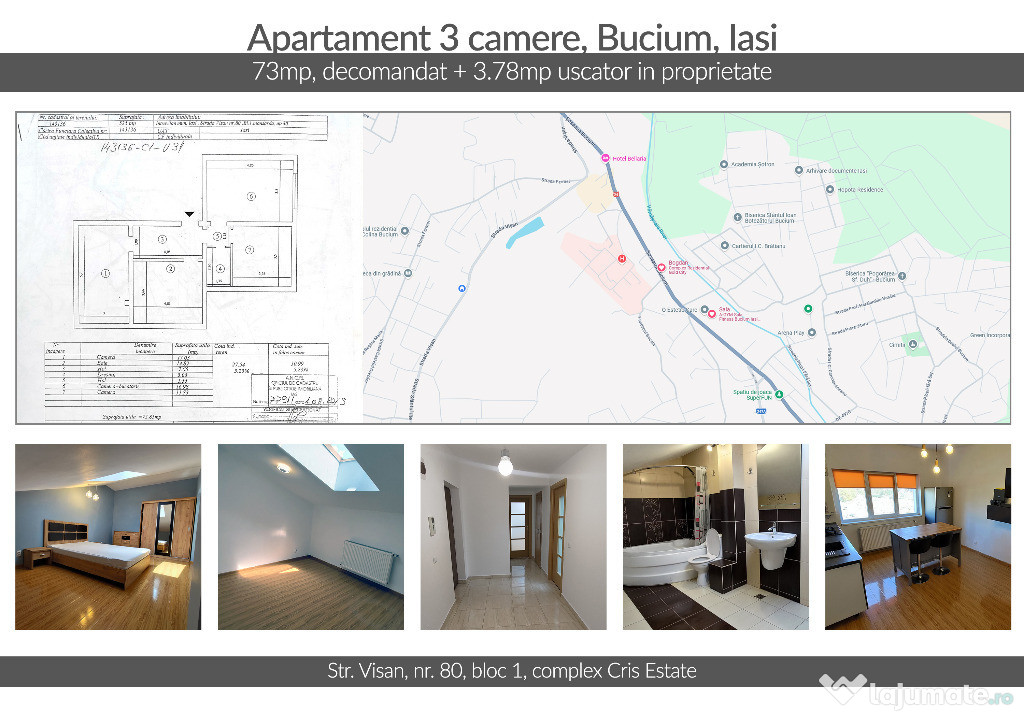 Apartament 3 camere 73mp, proprietar Bucium