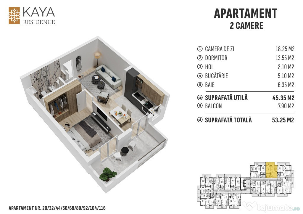 Apartament 2 camere 53.25mp, zona centrală Bistrița - KAYA Residence