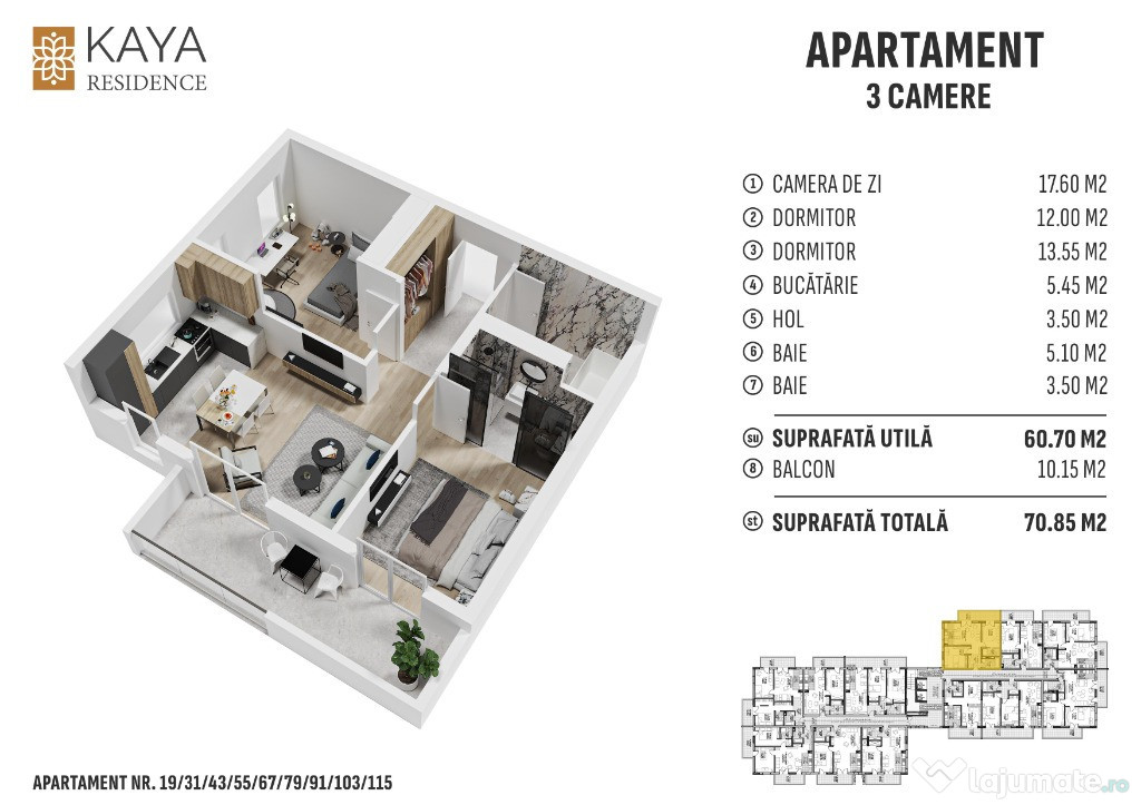 Apartament 3 camere 70.85mp, zona centrală Bistrița - KAYA Residence